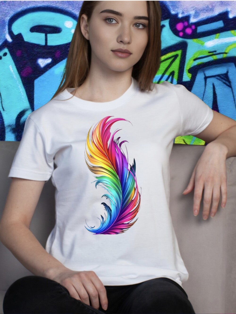Luxury Neon Feather Streetwear Graphic Tee - Size L